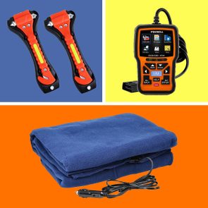 Two orange emergency hammers on blue, a diagnostic tool on yellow, and a blue electric blanket with cord on orange.