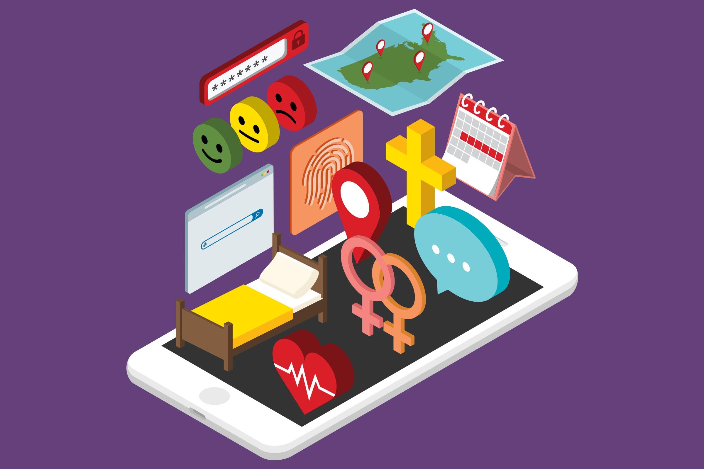 Objects like emoticons, maps, and icons float above a smartphone, representing digital communication and information in a conceptual, colorful 3D style on a purple background.