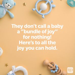 Teddy bear lies on peach background surrounded by baby toys. Text reads, 
