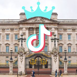 TikTok logo with a crown overlaying a large, ornate building facade, surrounded by people walking near a black and gold gate.