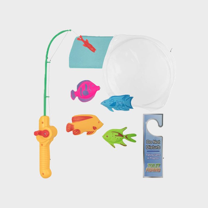 Toy fishing rod catches colorful plastic fish; set includes a 