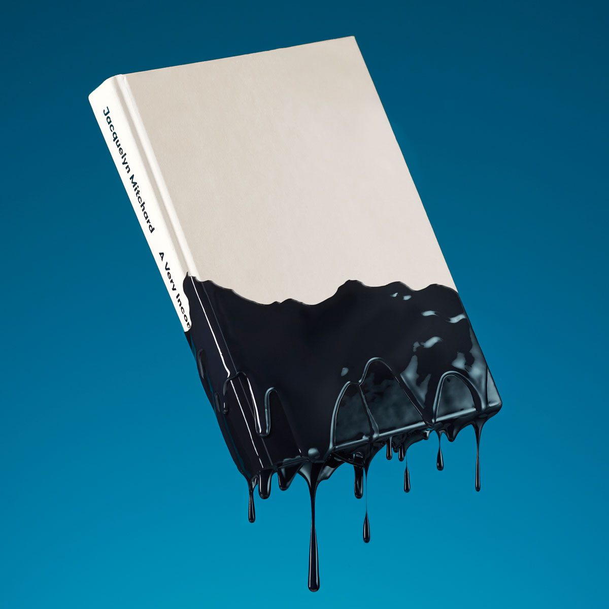 Floating white book dripping with black paint against a blue background