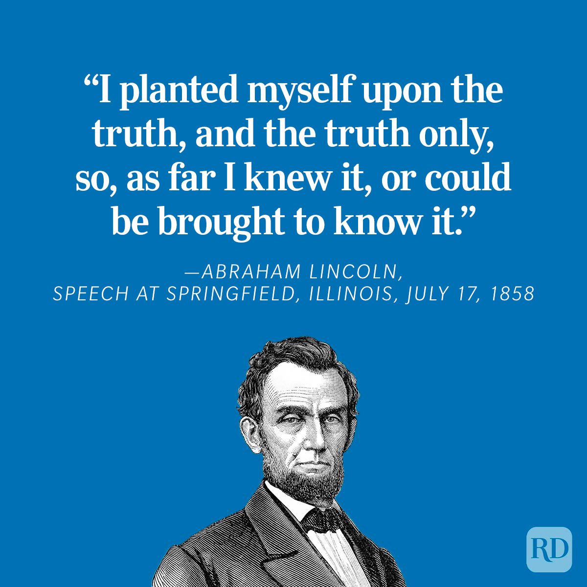 Quote text reads, "I planted myself upon the truth..." with an illustrated portrait below, set on a blue background.