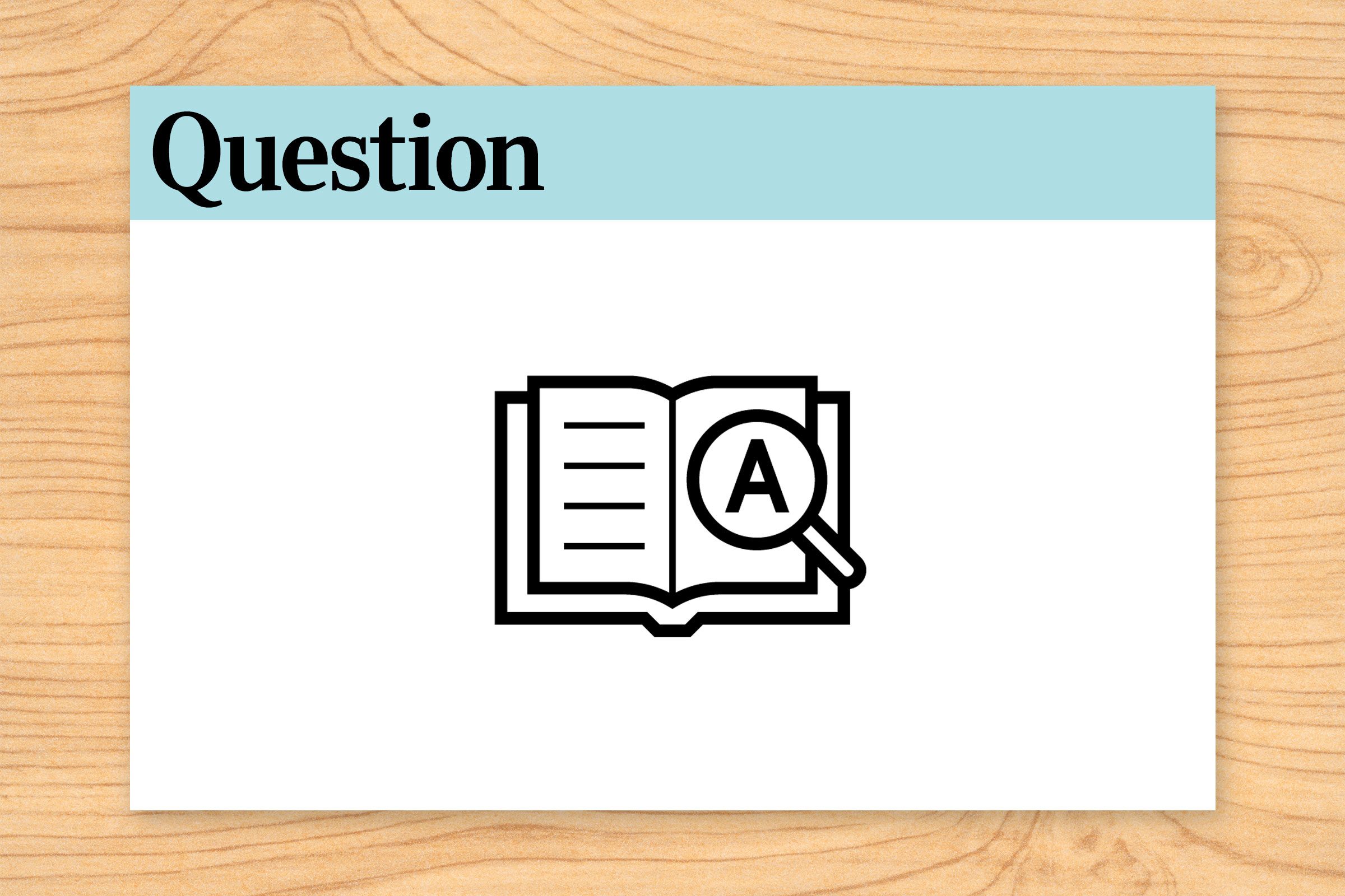 Book with magnifying glass icon, letter "A," beneath "Question 20" text, set on wood-textured background.
