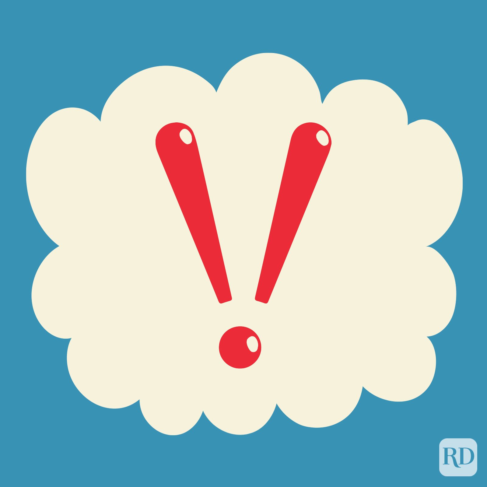 Acclamation Point in the color red on a beige cloud on blue background.