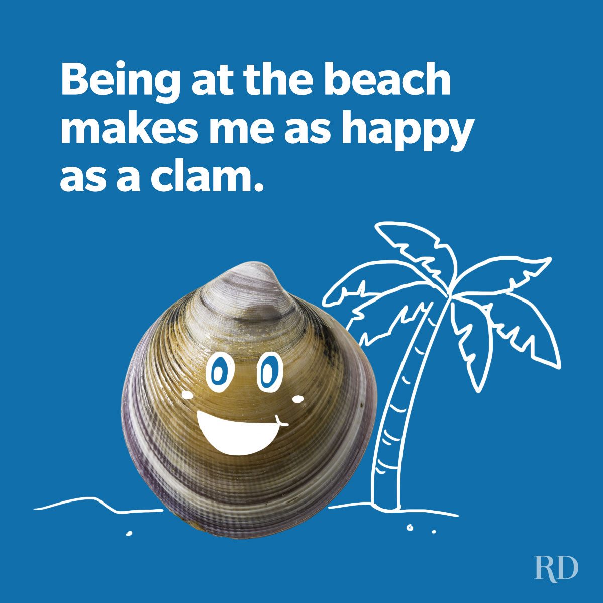 A cute beach pun about happy clam on the beach depicting a clam with doodles expressions and a palm tree.