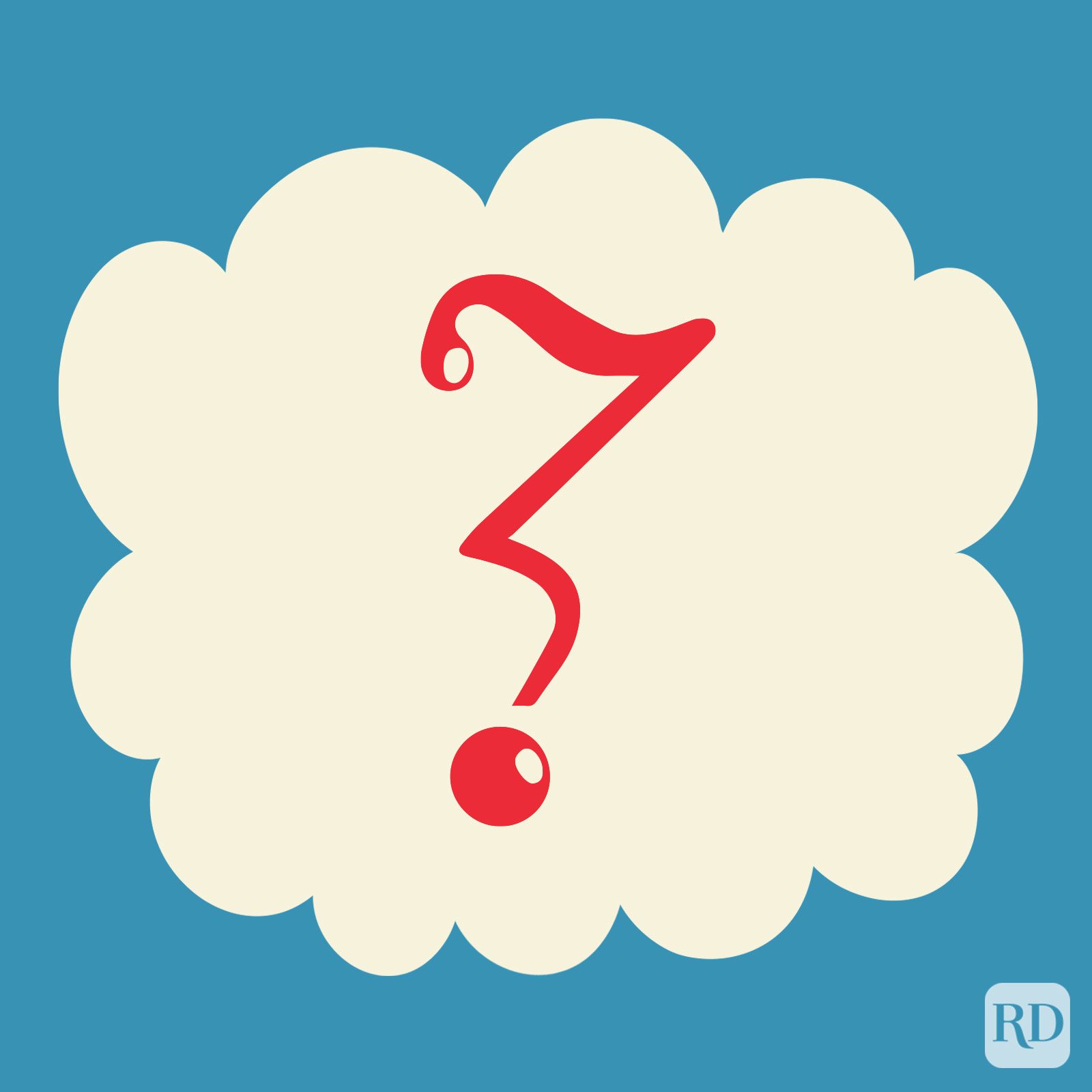 Doubt Point in the color red on a beige cloud on blue background.