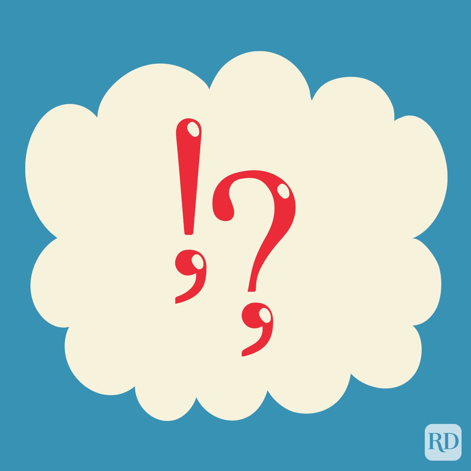 Exclamation Comma & Question Comma in the color red on a beige cloud on blue background.