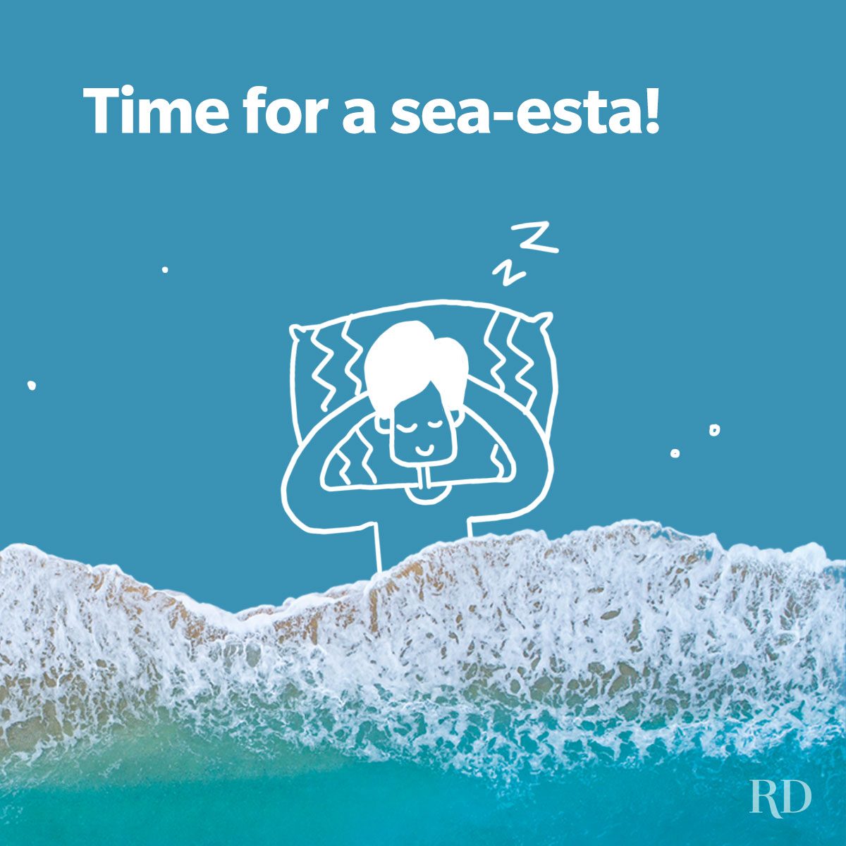 A funny beach pun about siesta with reference to beach depicting the sea meeting the beach where a doodled man is drawn who is sleeping.