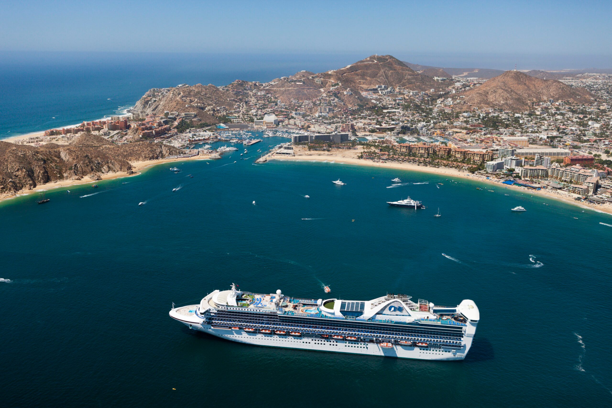 Cruise ship anchored in a picturesque bay of Cabo San Lucas, Mexico