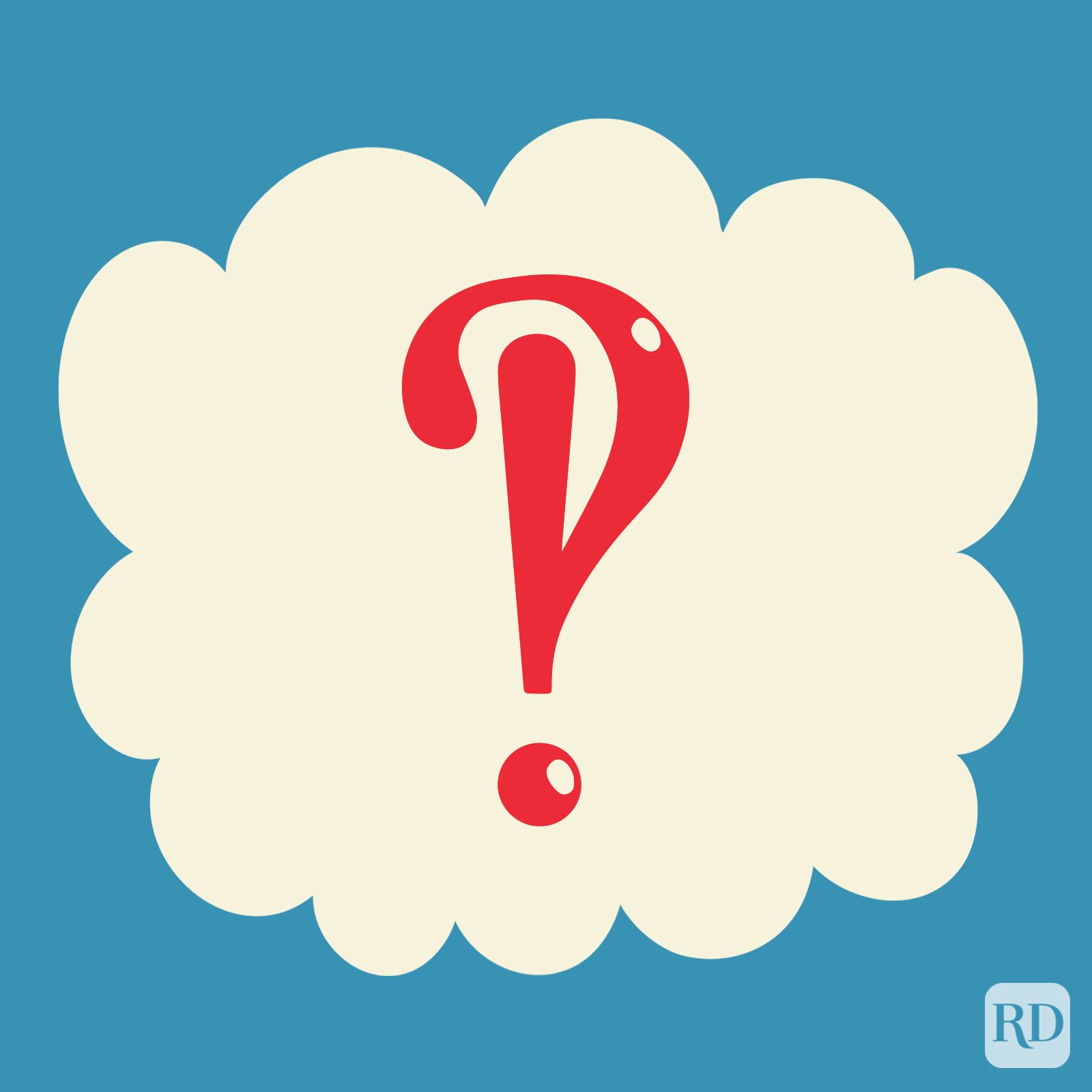 Interrobang in the color red on a beige cloud on blue background.
