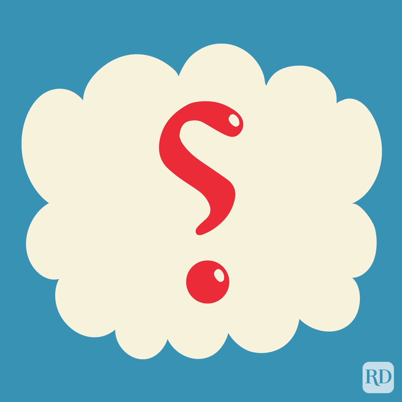 Irony Mark in the color red on a beige cloud on blue background.