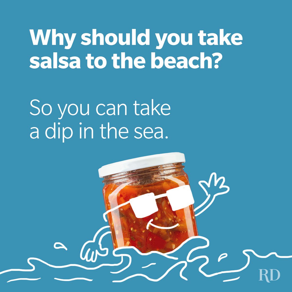 A punny beach jokes about salsa depicting a salsa jar taking a dip in the sea which is doodled in white.