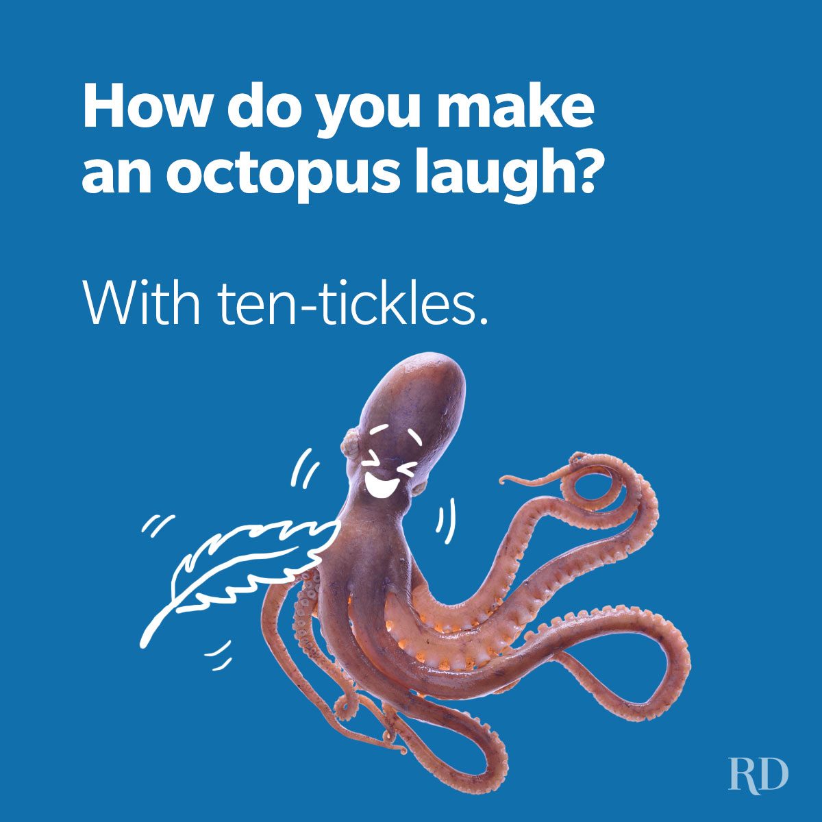 A punny ocean joke about tickling an octopus depicting a laughing octopus with a feather drawn in doodles.