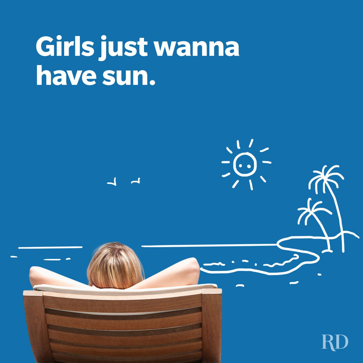 A sun pun about the beach depicting a girl who is sunbathing with the beach which is doodled in white color.