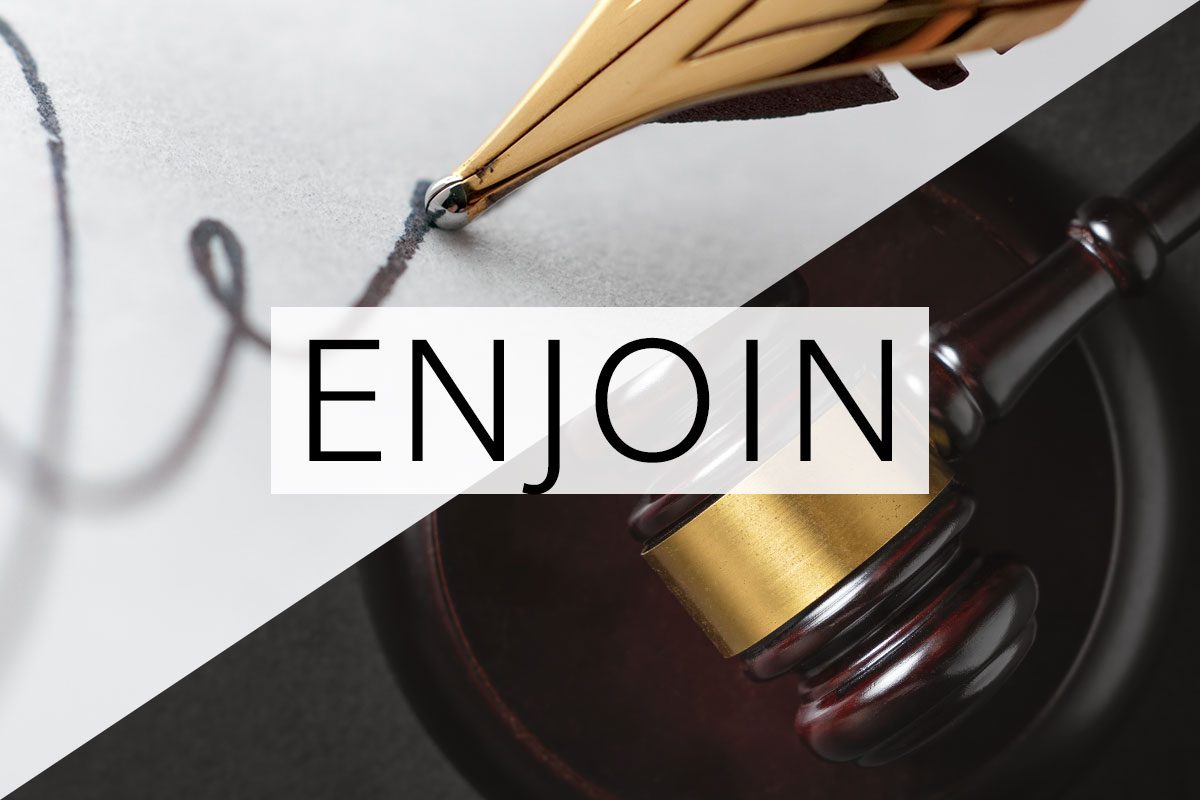 split screen of two meanings of the word enjoin with the word over the middle