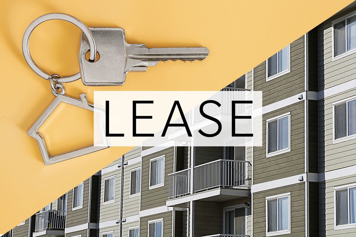 split screen of two meanings of the word lease with the word over the middle