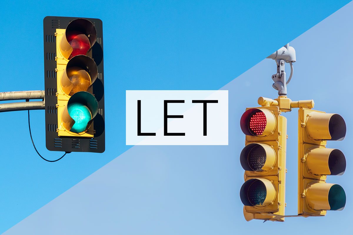 split screen of two meanings of the word let with the word over the middle