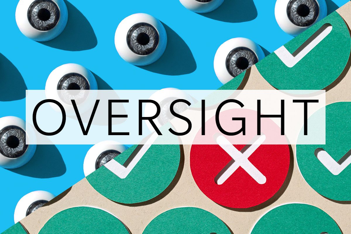 split screen of two meanings of the word oversight with the word over the middle