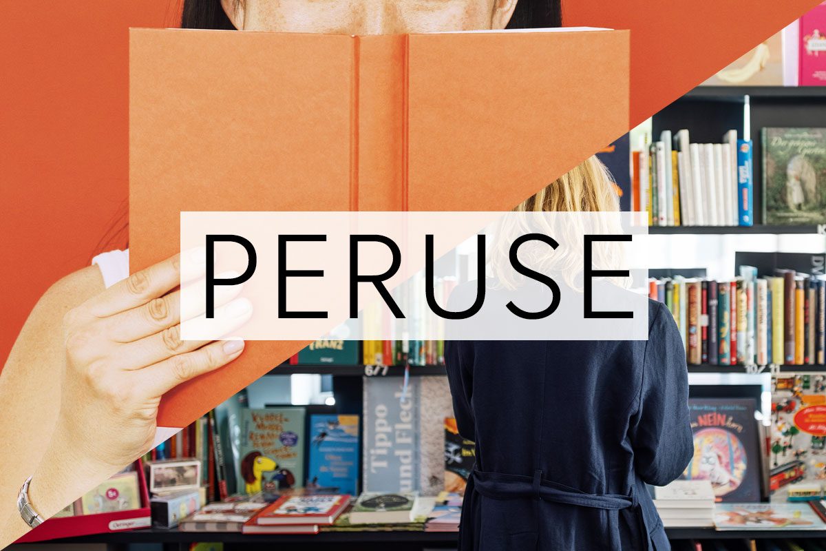 split screen of two meanings of the word peruse with the word over the middle