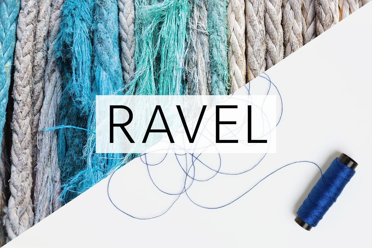 split screen of two meanings of the word ravel with the word over the middle