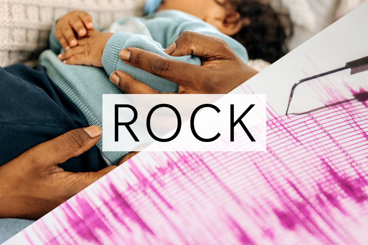 split screen of two meanings of the word rock with the word over the middle