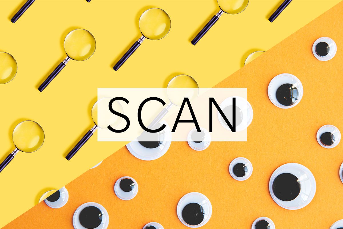 split screen of two meanings of the word scan with the word over the middle