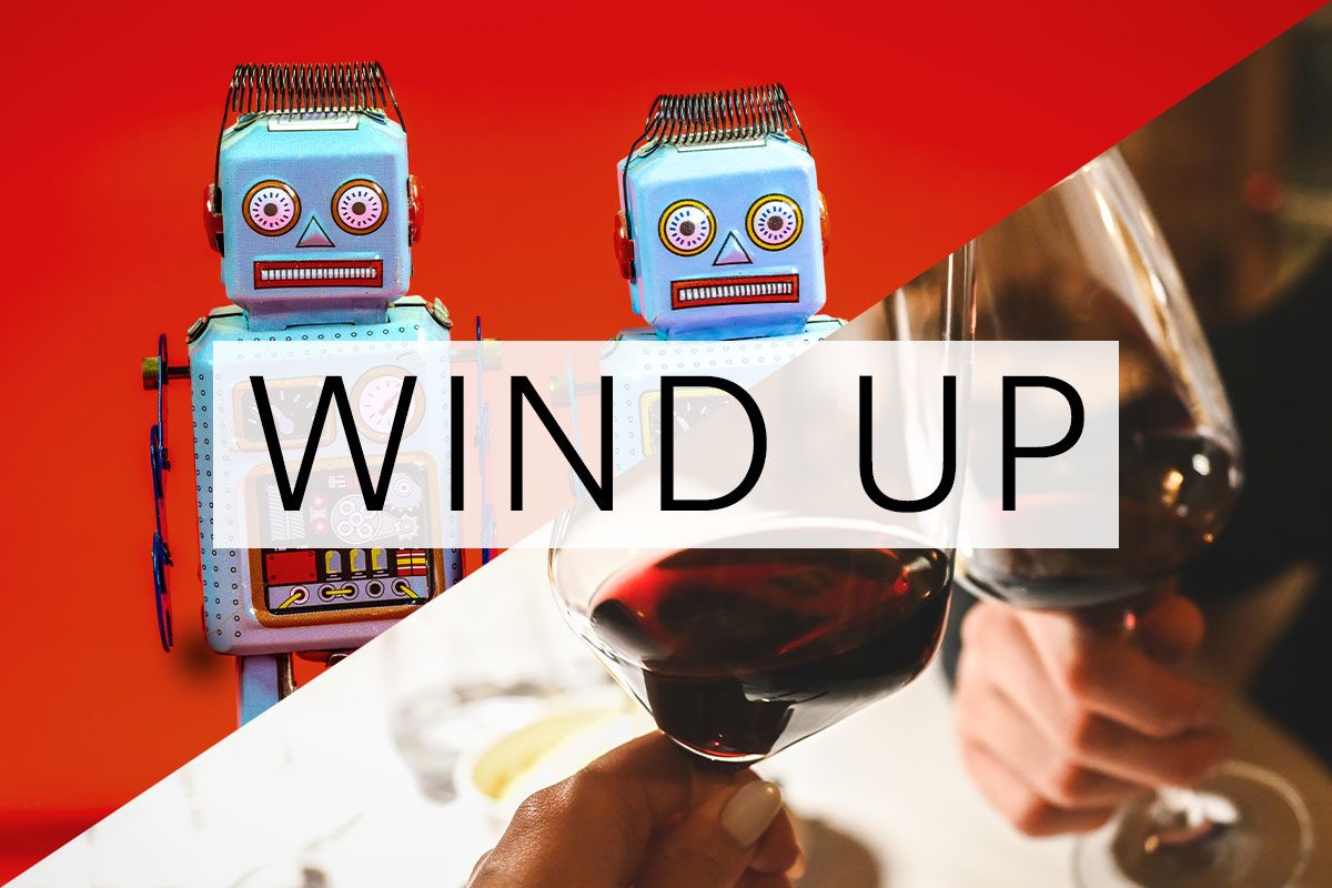 split screen of two meanings of the words wind up with the word over the middle