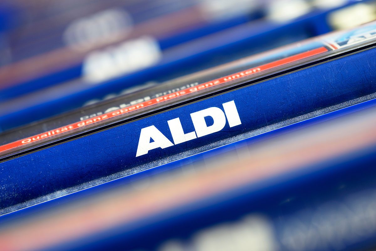 Closeup of ALDI logo on shopping cart