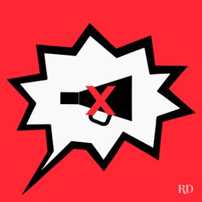 A crossed out loudspeaker inside a dramatic speech bubble on a red background.
