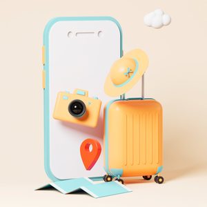 Booking tickets online, luggage and camera in the yellow background, 3d rendering. Digital drawing.