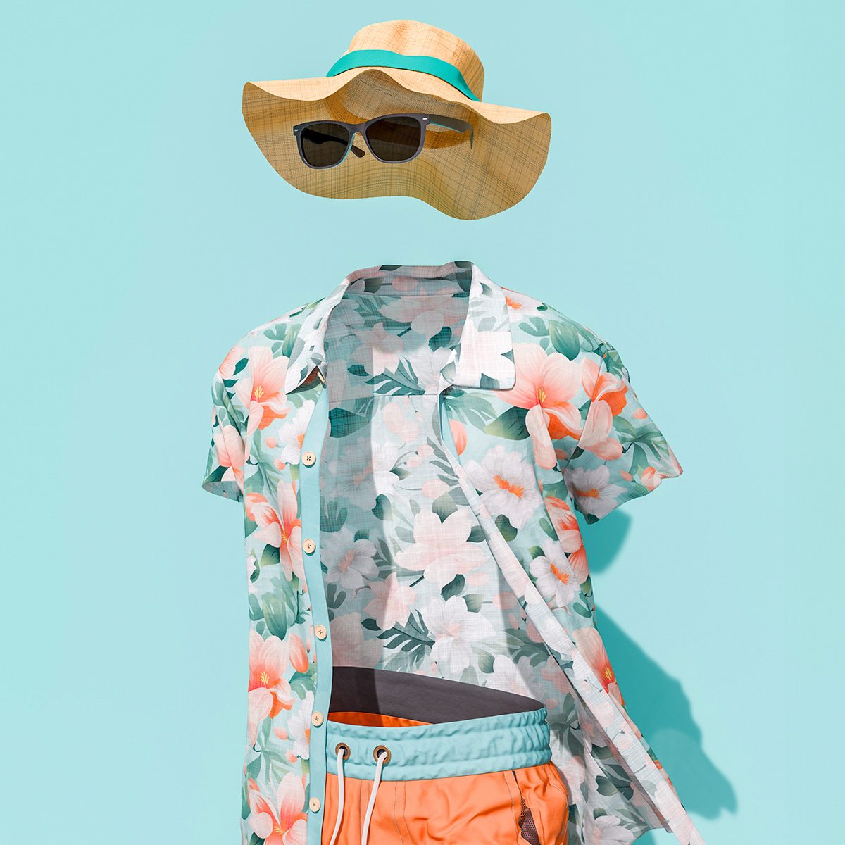 Summer beachwear on invisible man, styled with a floral shirt, orange swim shorts, straw hat, and sunglasses against a soothing blue background. Vacation fashion concept. 3d rendering