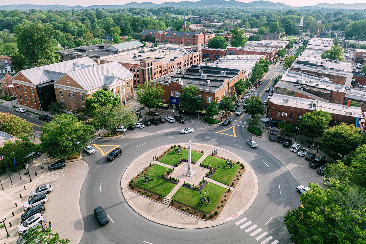 Long Shutter Wide Angle View of Downtown Franklin, Tennessee in the Summer