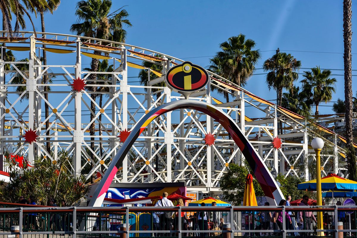 The entrance to Incredicoaster as seen from Lamplight Lounge at Pixar Pier in Disney California Adventure Park in Anaheim, CA