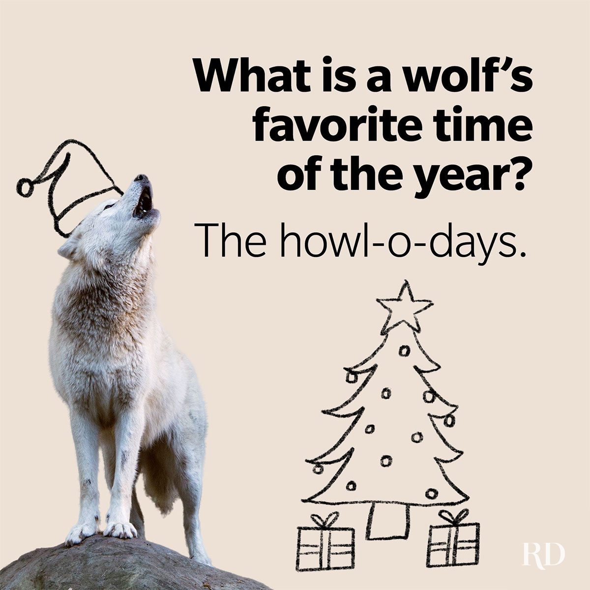 Wolf howls on rock, wearing drawn hat; Christmas tree and gifts drawn beside. Text: "What is a wolfâ€™s favorite time of the year? The howl-o-days."