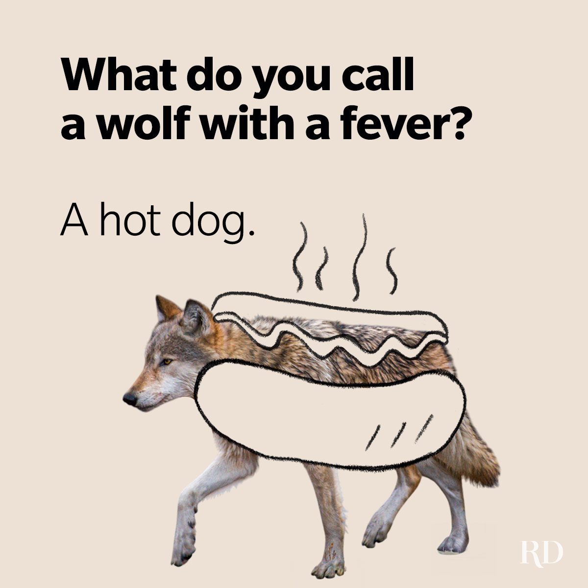 A wolf walking with a doodled hot dog on it.