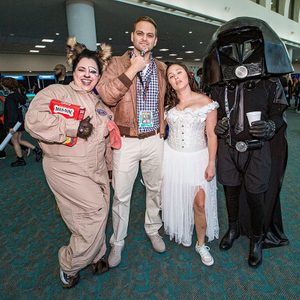 Cosplayers Marina Ybarra-Valdivia as Barf, Joel Bingham as Lonestar, Allison Bingham as Princess Vespa, and Kenny Valdivia as Dark Helmet from 