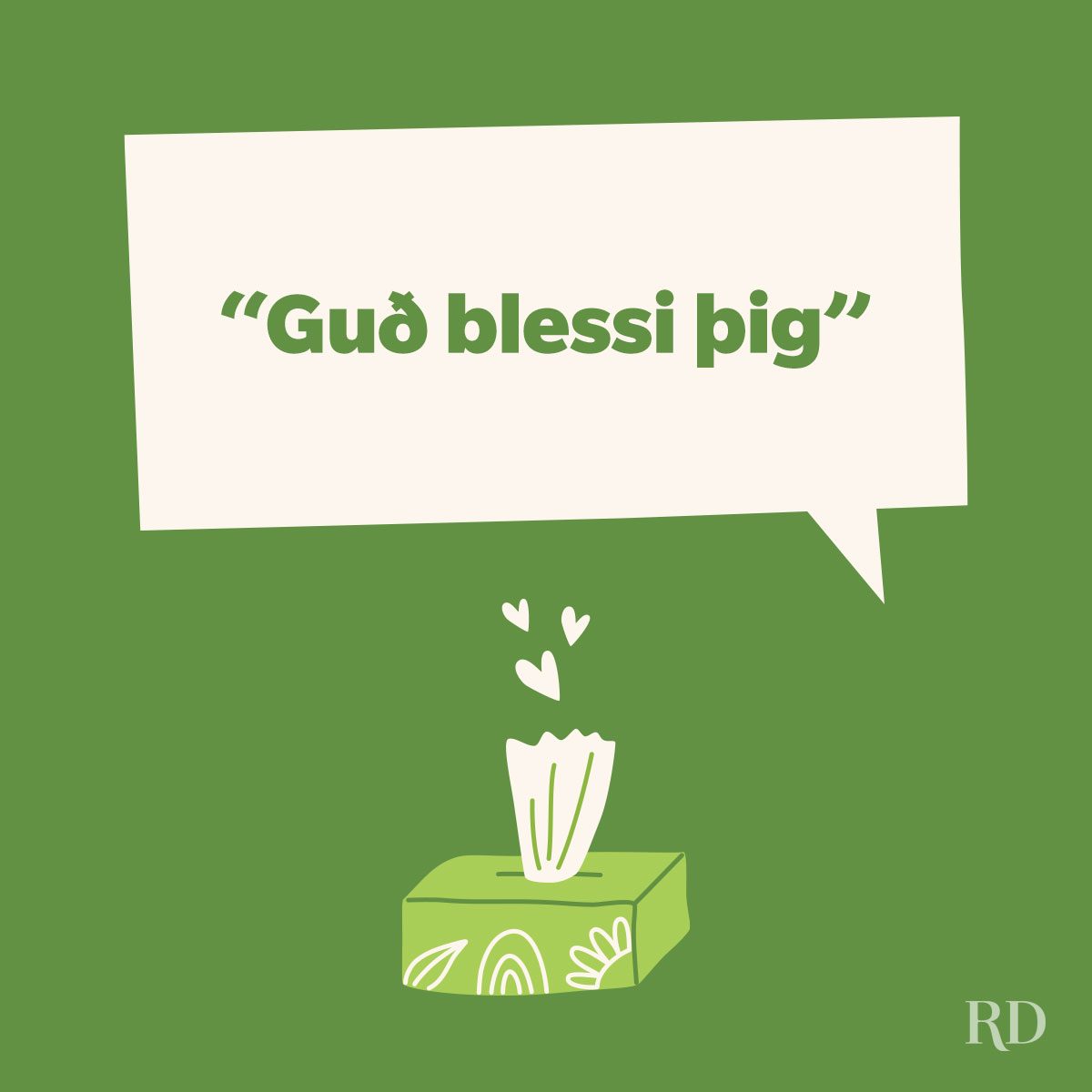 "God bless you" written in icelandic language on a speech bubble with a tissue box.