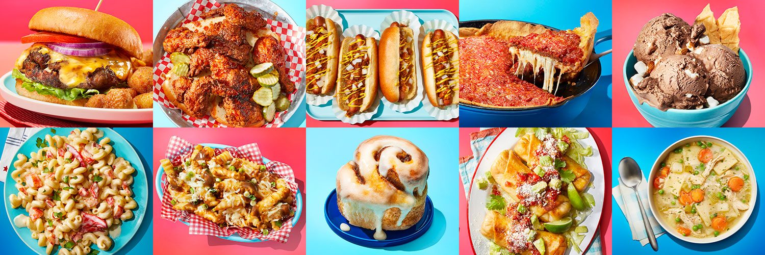 America The Tasty 2025 Banner showing a grid of ten american dishes on alternating red and blue backgrounds