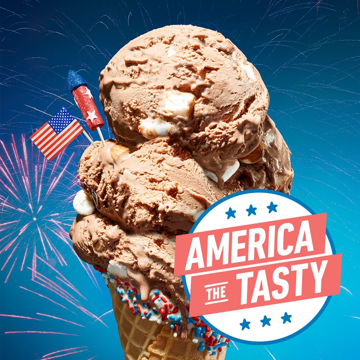 America The Tasty 2025 Rocky Road ice cream cone with fireworks in the background