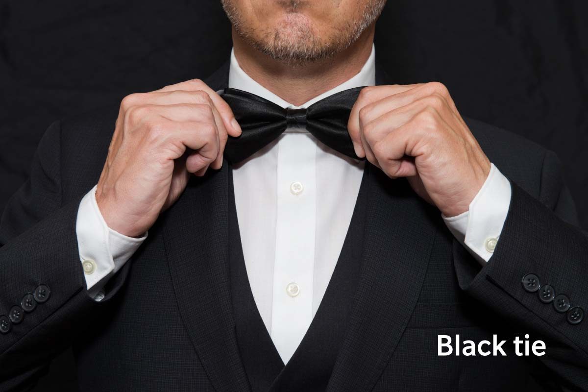 Black Tie Gentleman In Black Tie Straightens His Bowtie