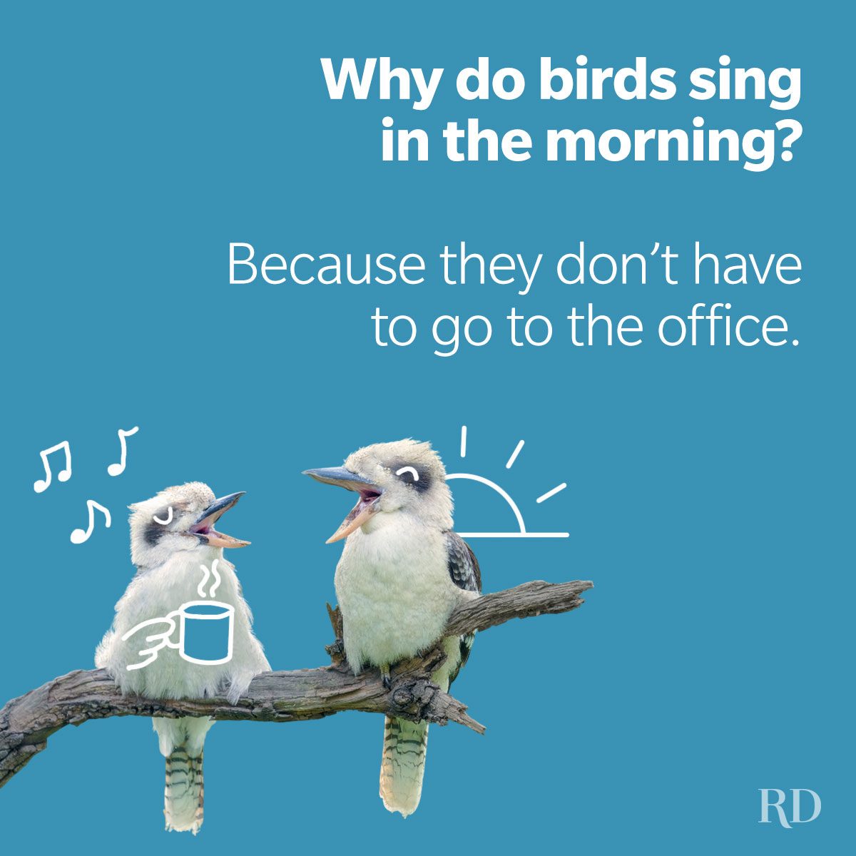 A work joke featuring singing birds and some doodles on a blue background.
