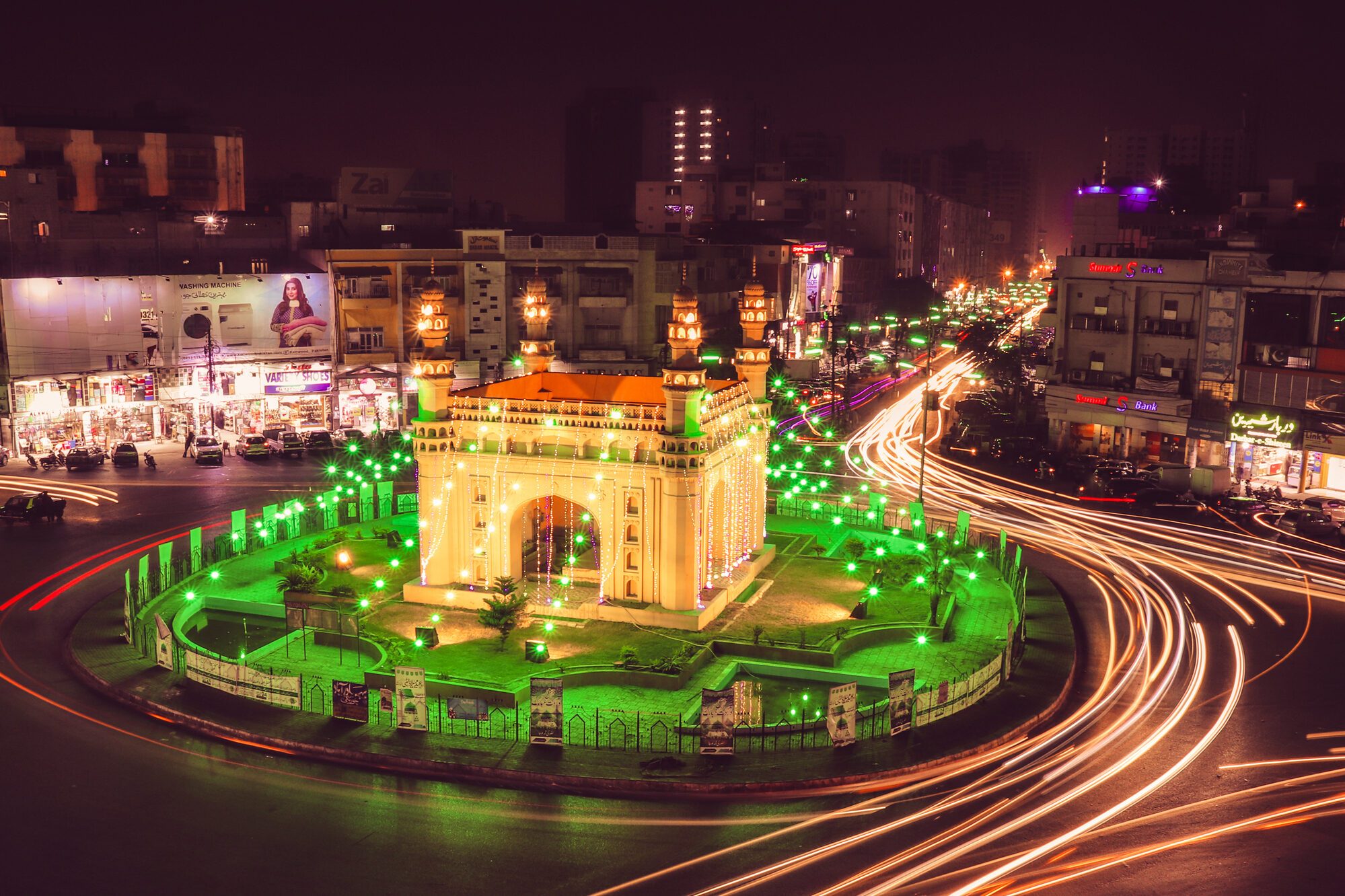 CharMinar Chorangi Karachi illuminated with green lights