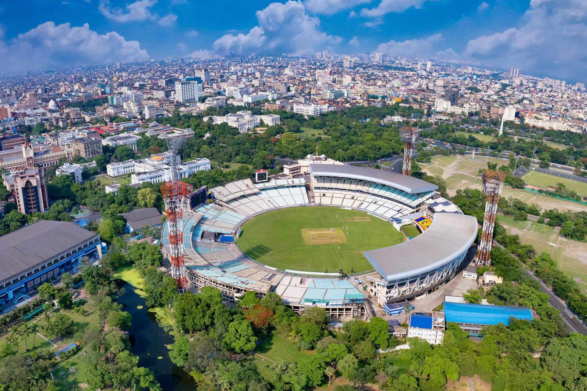 Panoramic aerial view of the Eden Gardens in Kolkata, West Bengal, India