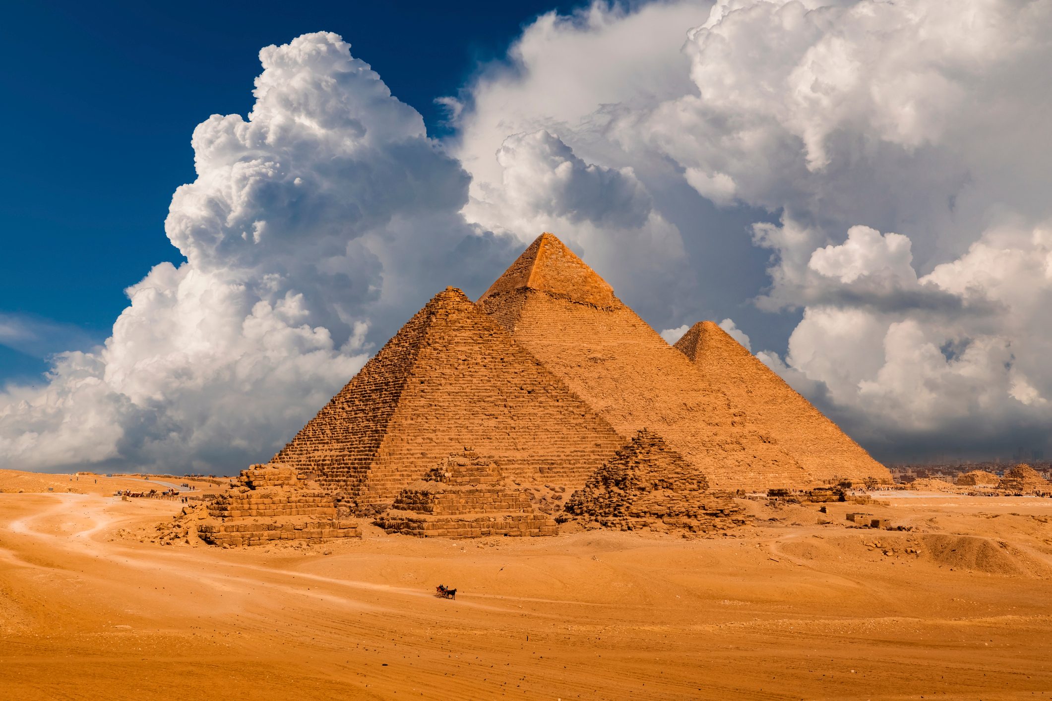 Pyramid complex of Giza at cloudy day. Giza, Cairo, Egypt