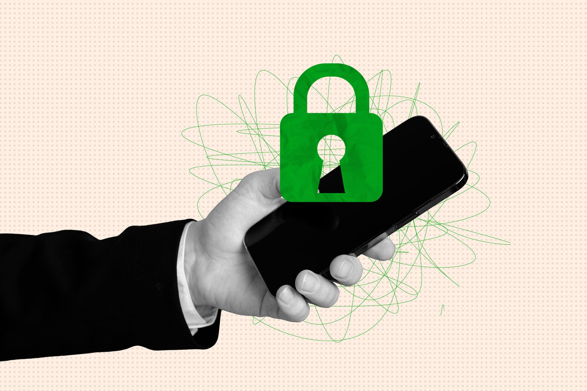 Photo image collage arm hold smartphone digital modern technology device padlock password combination data privacy protection cybersecurity