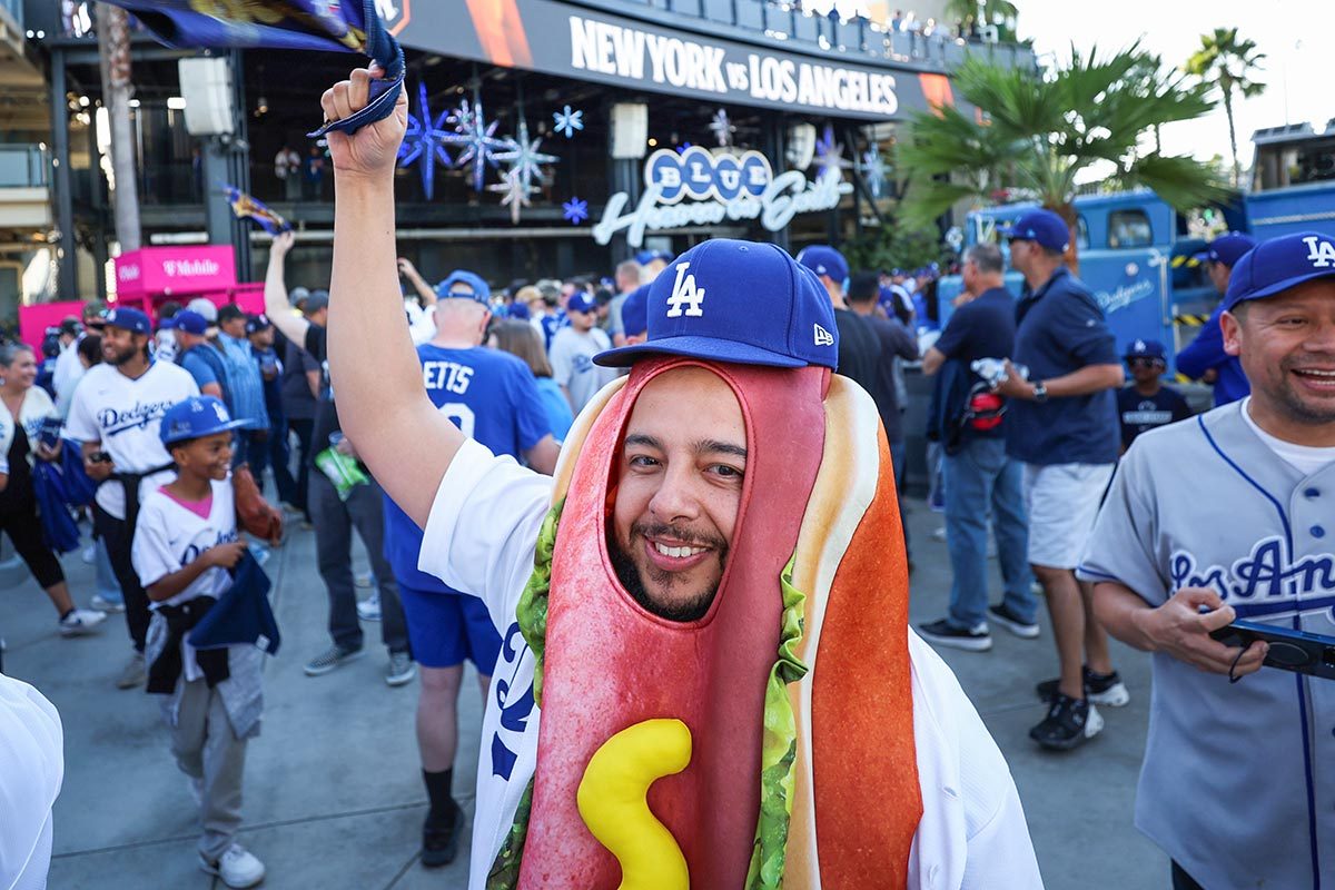 A fan is seen dressed as a hotdog before Game Two of the 2024 World Series between the New York Yankees and Los Angeles Dodgers at Dodger Stadium