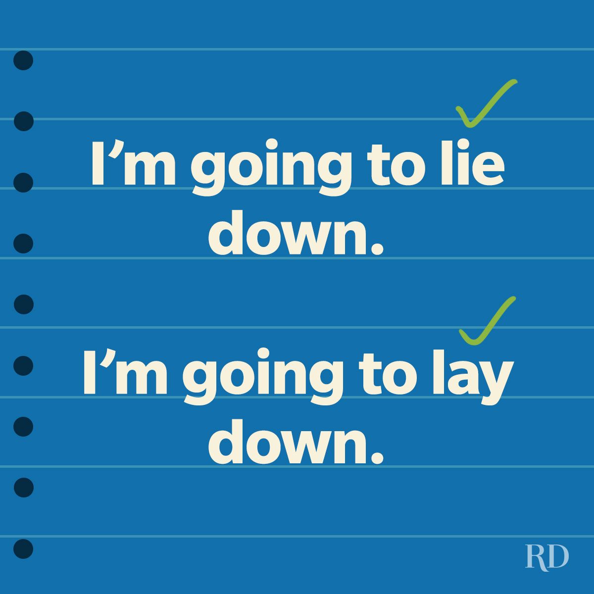 Two green checks above the correct words to be used to indicate the right form of english grammar in a sentence.