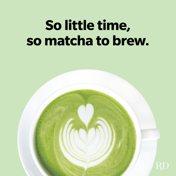 Matcha latte features intricate foam art in a cup on a saucer. Background text reads, "So little time, so matcha to do."