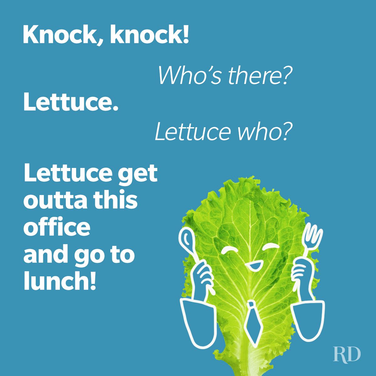 A work joke featuring lettuce leaf and doodles personification on a blue background.
